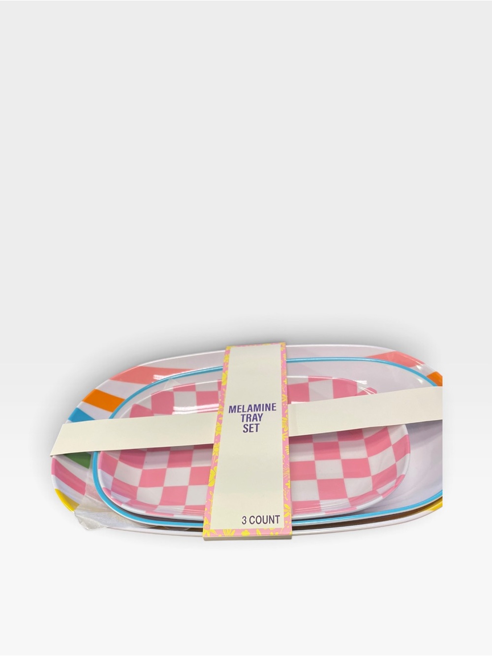 3-Piece Pink Check Melamine Tray Set - Party Serving Trays